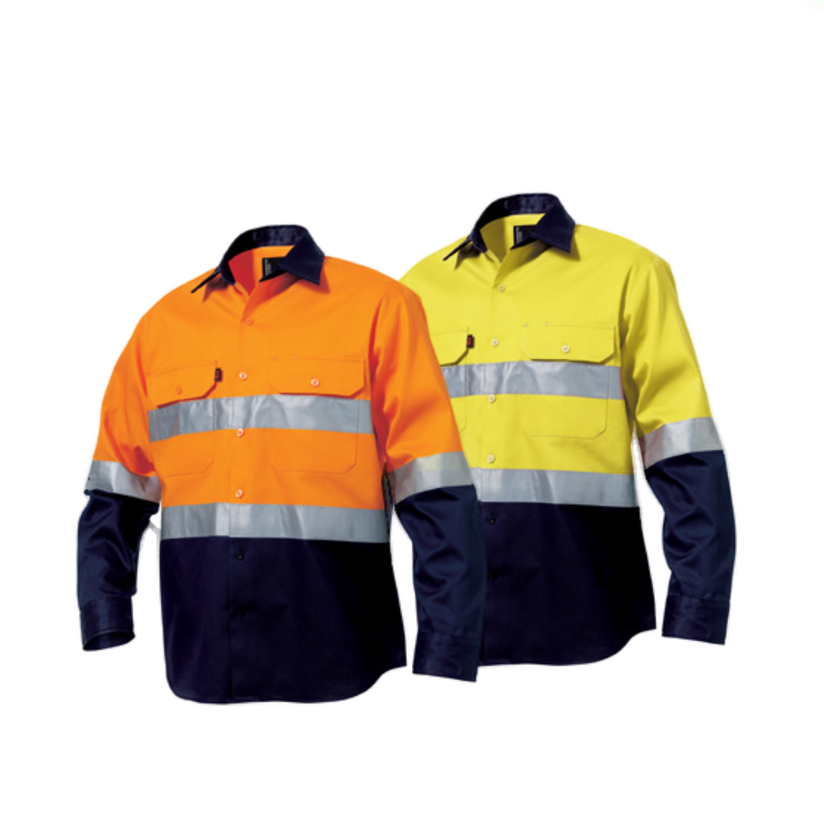 KingGee Mens Hi-Vis Spliced Drill Shirt Long Sleeve Work Taped Safety K54315-Collins Clothing Co