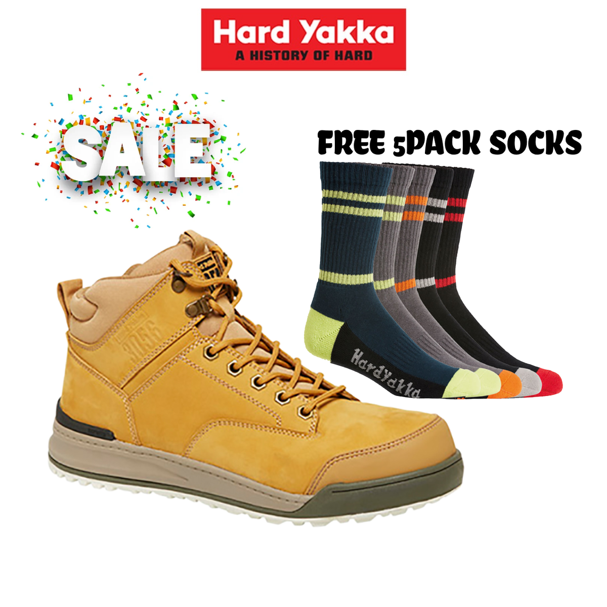 Mega Sale!! Hard Yakka 3056 Lace Zip Leather Work Safety Boots Free 5 Packs Socks