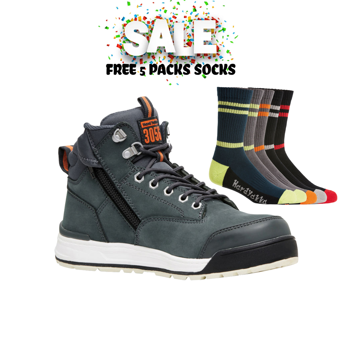 Mega Sale!! Hard Yakka Lace Zip Safety Boots 3056 Navy Steel Cap Free 5 Packs Socks