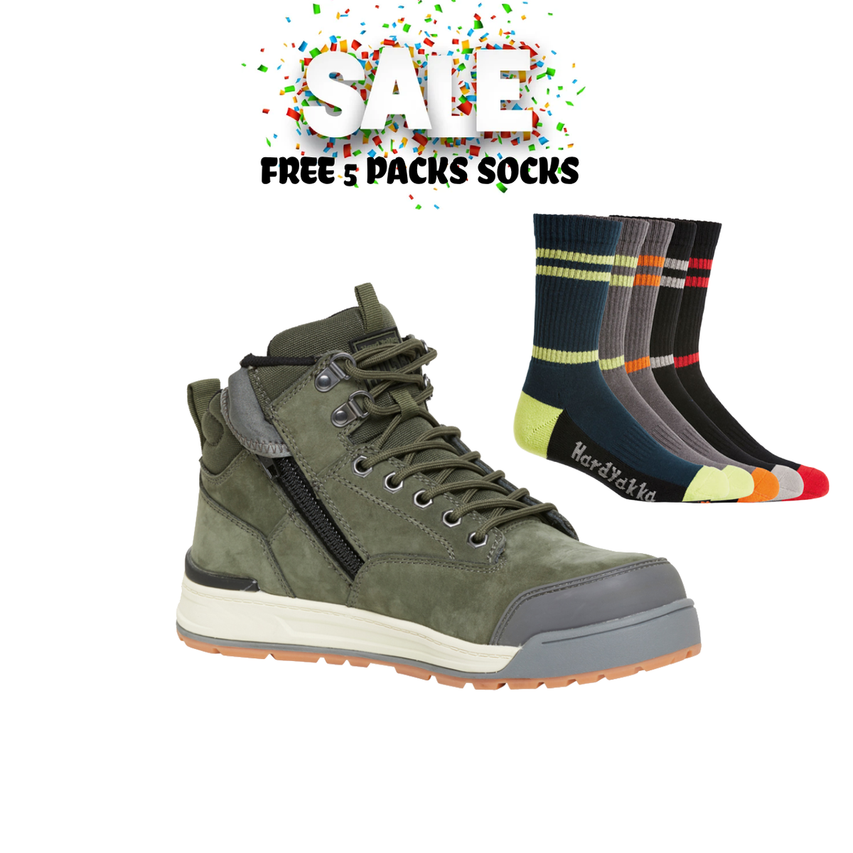 Mega Sale!! Hard Yakka Mens Lace Zip Safety Boots 3056 Work Steel Cap  Free 5 Packs Socks