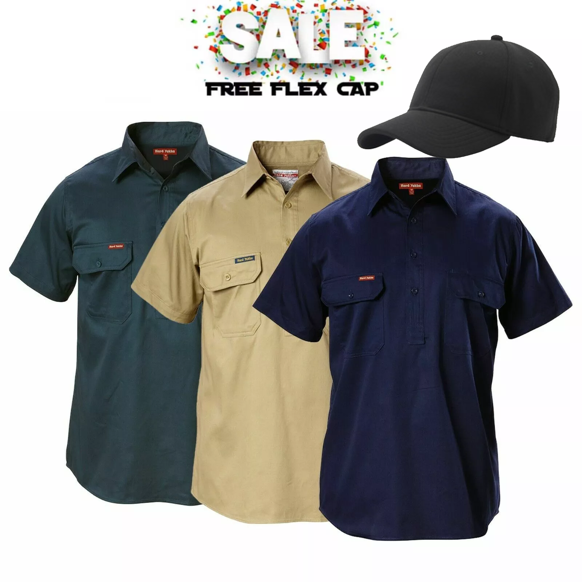 Mega Sale Hard Yakka Short Sleeve Closed Front Cotton Shirt Y07540 Free Flix Cap