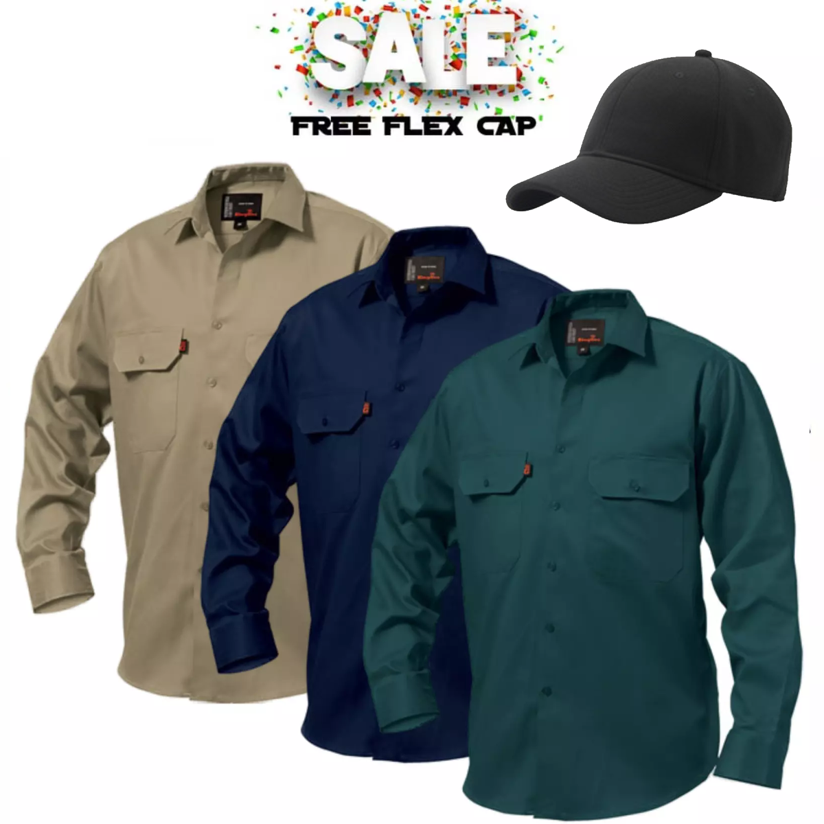 Mega Sale KingGee Open Front Drill Shirt Reinforced Stitching Tough Workwear K04010 Free Cap