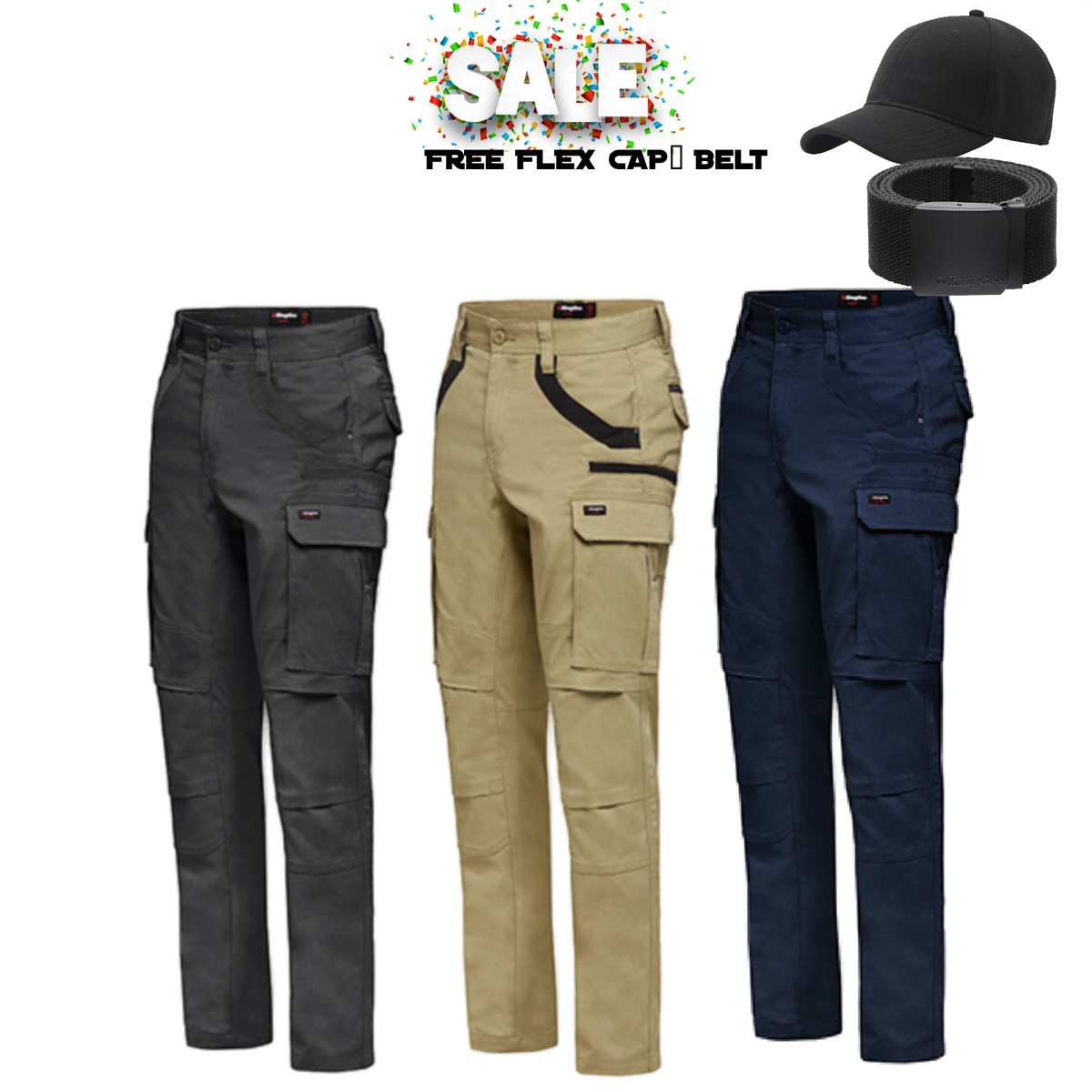 Mega Sale!! KingGee Mens Tradies Stretch Cargo Pants Durable Cotton Tough Safety Work K69860 Free Belt & Cap