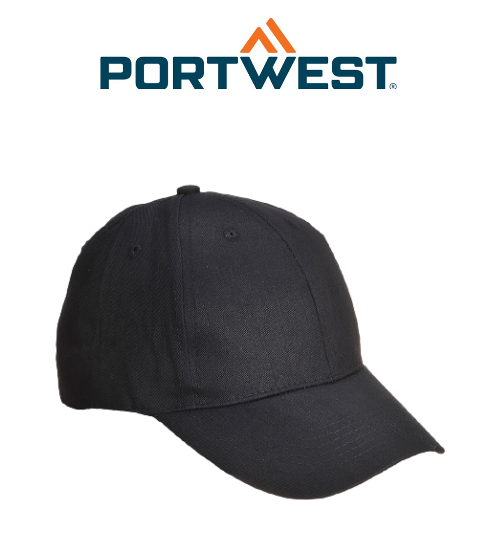 Portwest Six Panel Baseball Cap Adjustable Strap Comfortable Black Cap B010