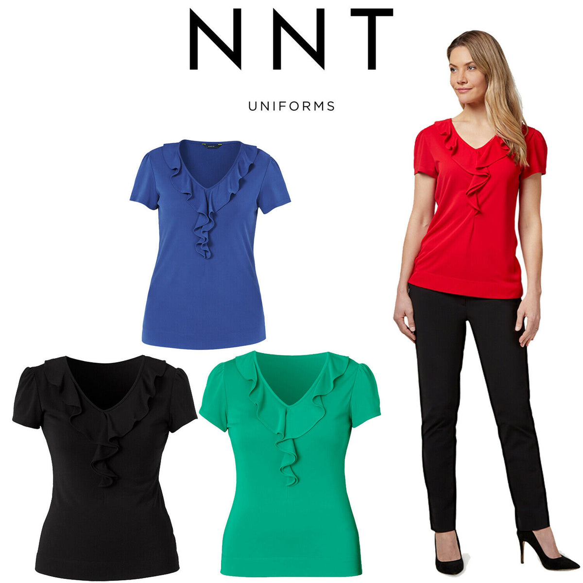 Womens NNT Uniforms Cap Short Sleeve T-Top Ruffle Neck Top Corporate CAT48F