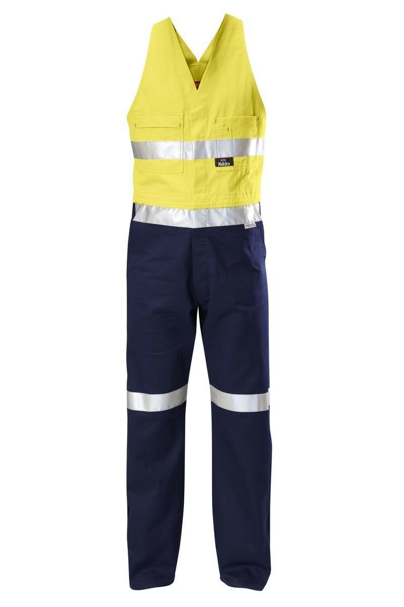Mens Hard Yakka Hi-Vis 2 Tone Cotton Drill Action Overalls Work Taped Y01055
