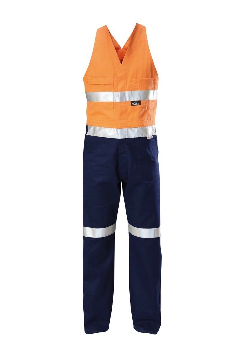 Mens Hard Yakka Hi-Vis 2 Tone Cotton Drill Action Overalls Work Taped Y01055
