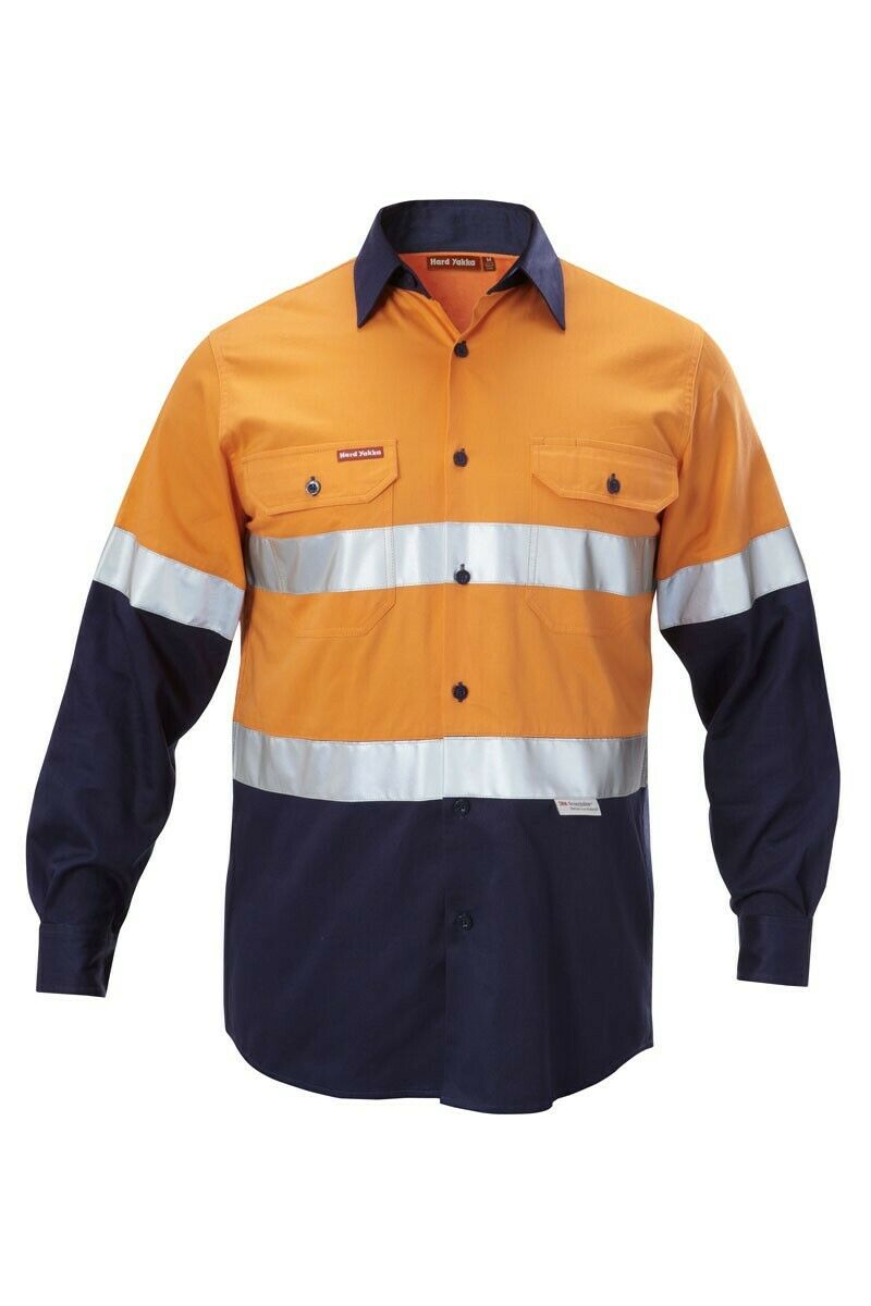 Hard Yakka Work Shirt Hi-Vis Taped Safety Long Sleeve Cotton Drill Y07990-Collins Clothing Co