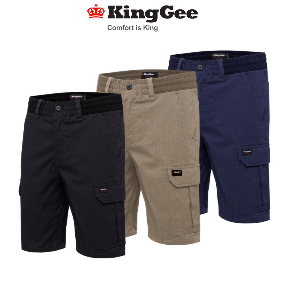 KingGee Shorts Mens Rib Comfort Waist Short Comfort Cargo Stretch Ripstop K17007