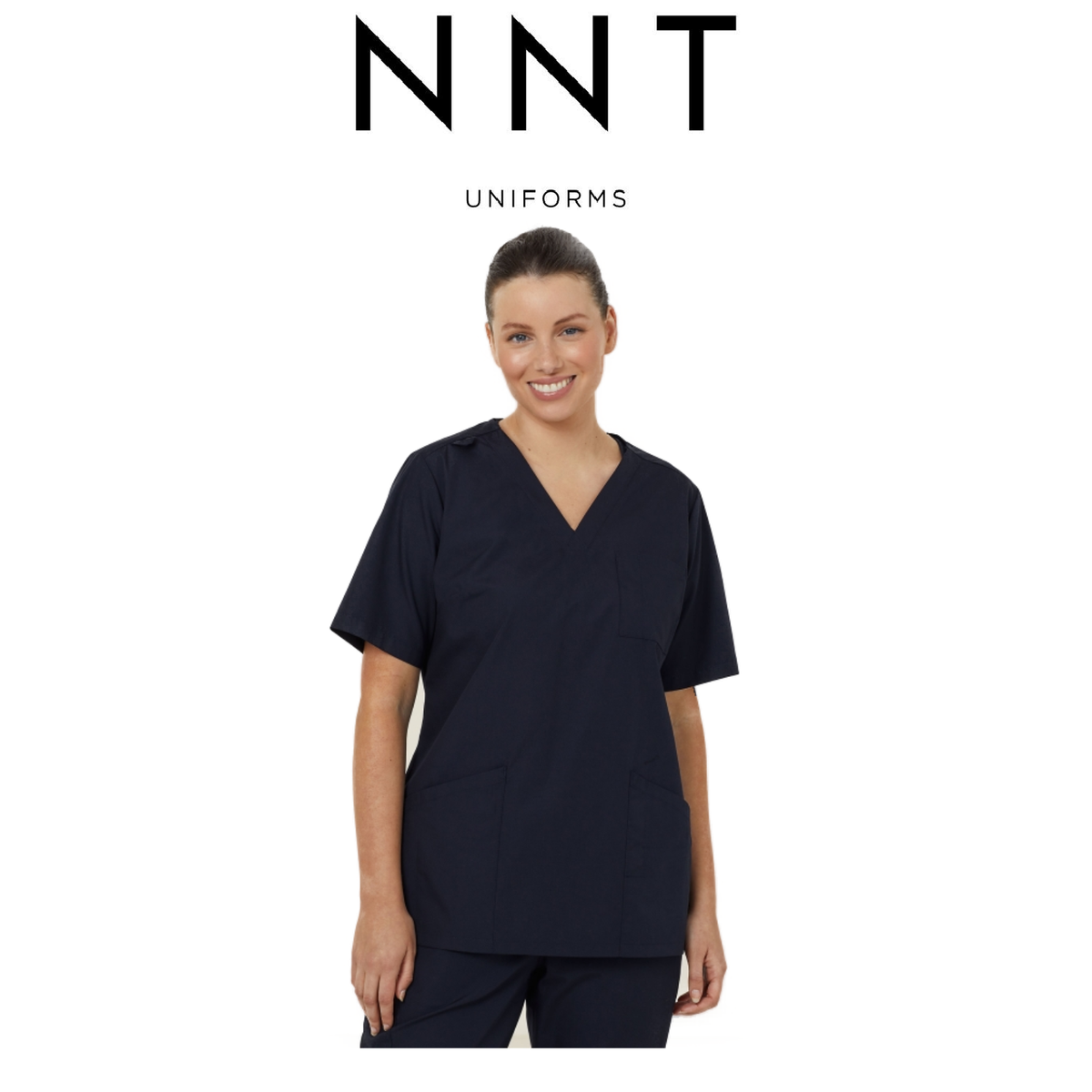 a woman wearing nnt uniform mayo scrub navy blue top durable nurse poly cotton chest pocket 