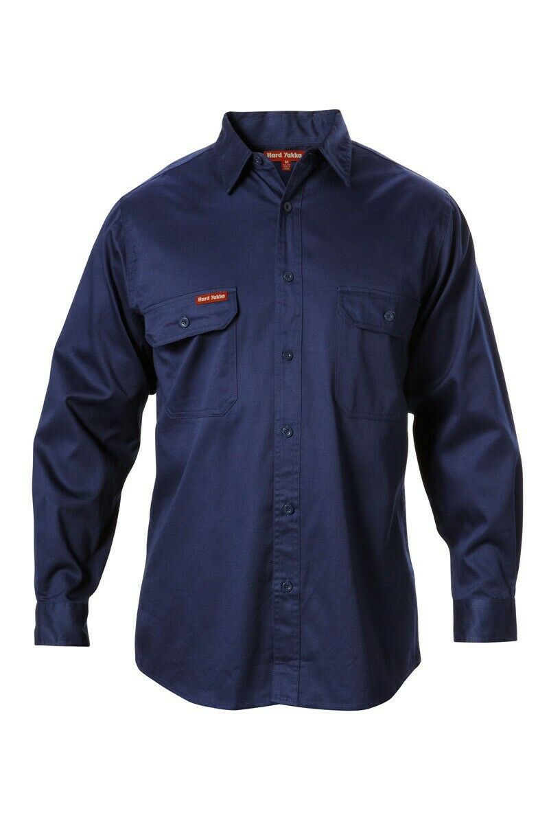 Hard Yakka Long Sleeve Cotton Drill Work Shirt Tradie Safety Button Y07500