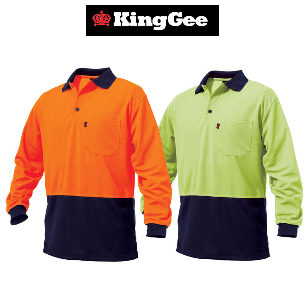 Mens KingGee Long Sleeve Hi-Vis Polo Shirt Top 2 Tone Workwear Safety K54200
