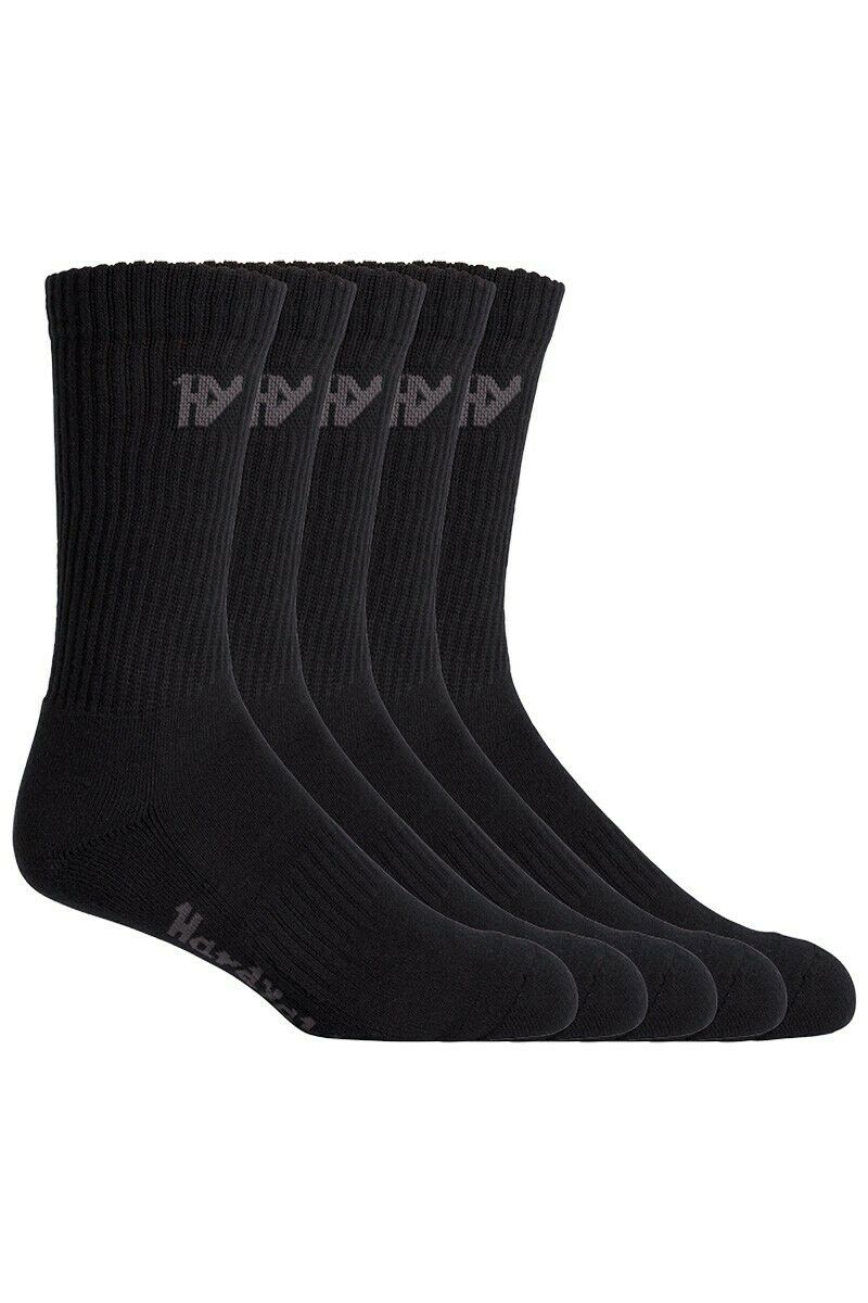 Hard Yakka Cotton Crew Work Socks 5 Pack Logo Athletic Padded Black Y20035 FREE