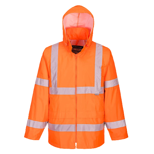 Portwest Mens Hi-Vis Rain Jacket Reflective Taped Hood Work Safety Comfy H440