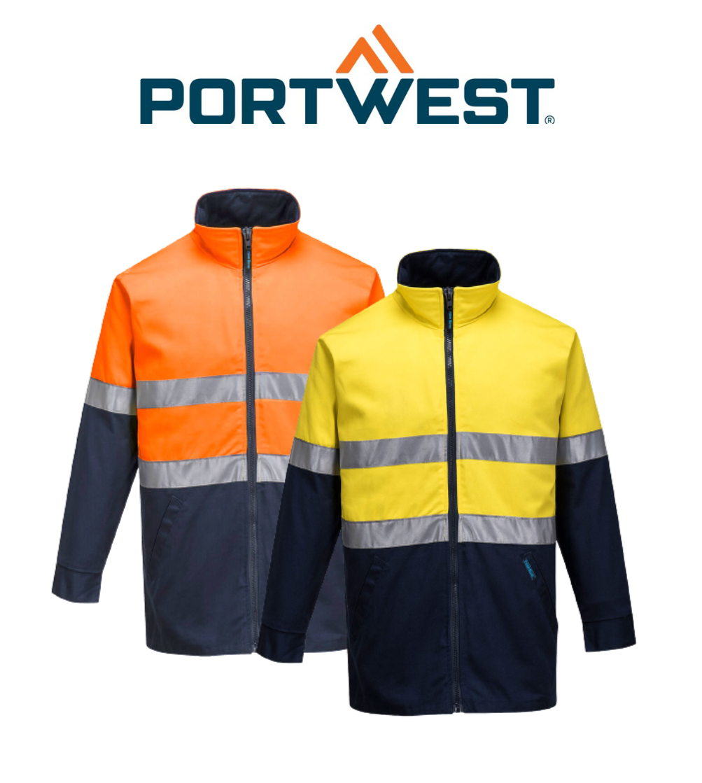 Portwest Hume 100% Cotton Drill Jacket 2 Tone Reflective Work Safety MJ998