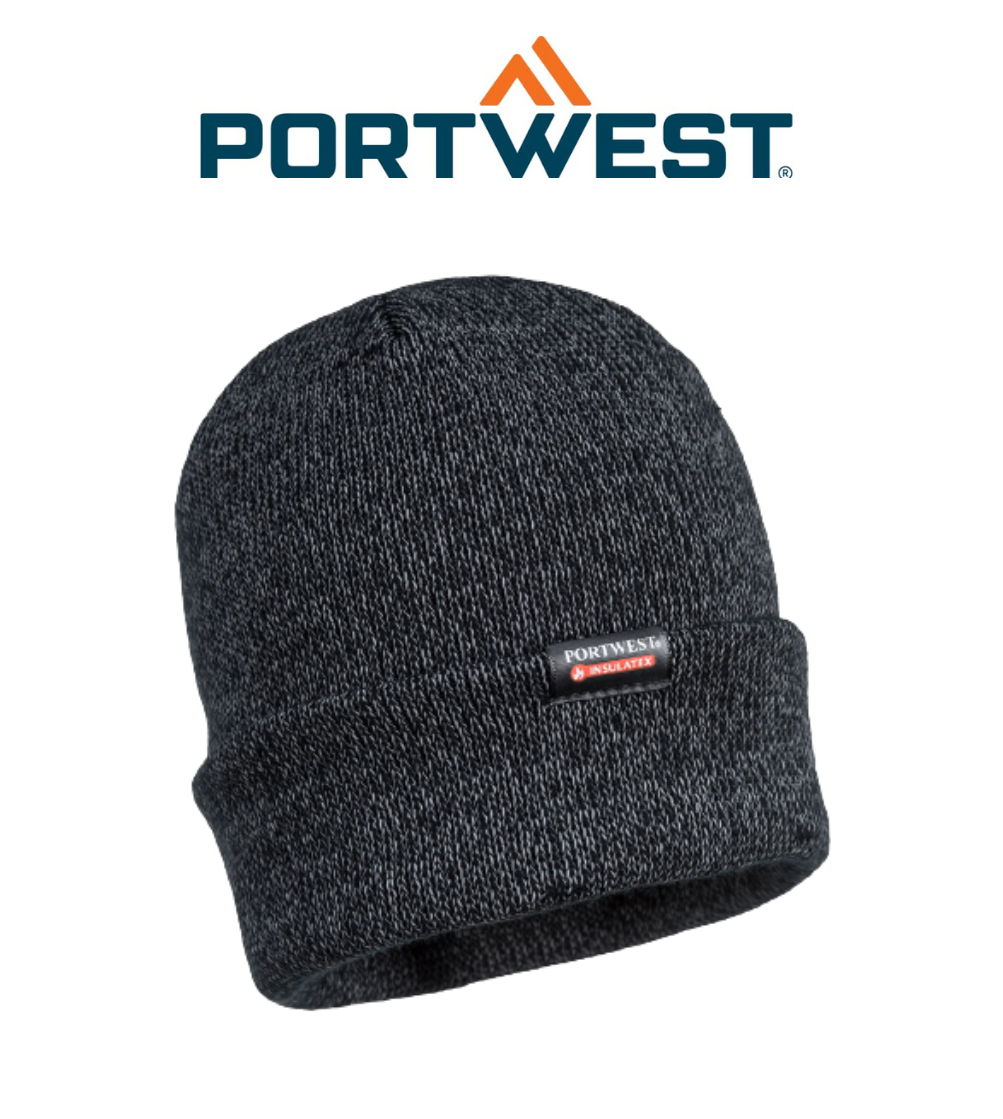 portwest reflective knit cap insulatex lined black acrylic warmth beanie b026