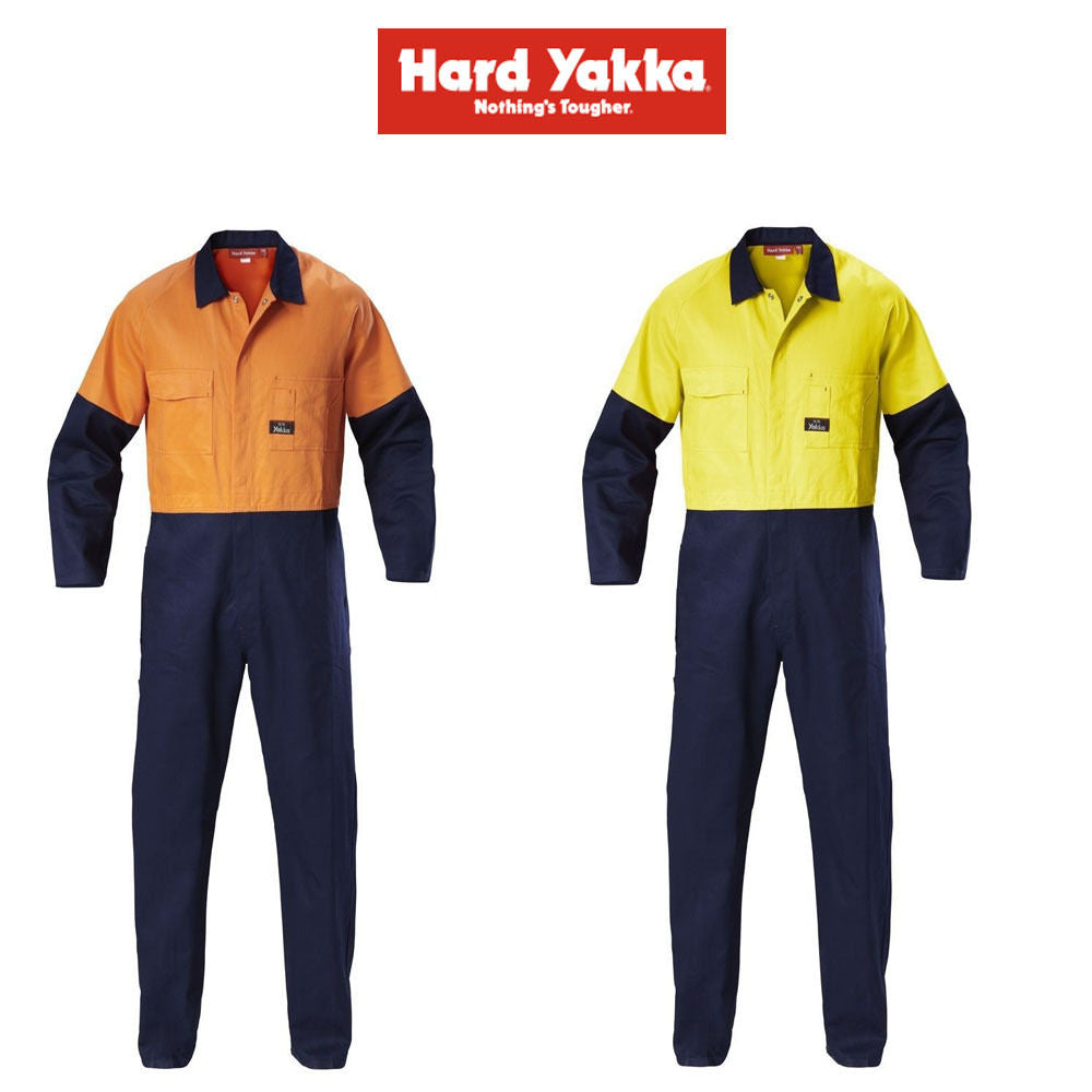 Hard Yakka Hi-Vis 2 Tone Work Phone Cotton Drill Coverall Overalls Y00270