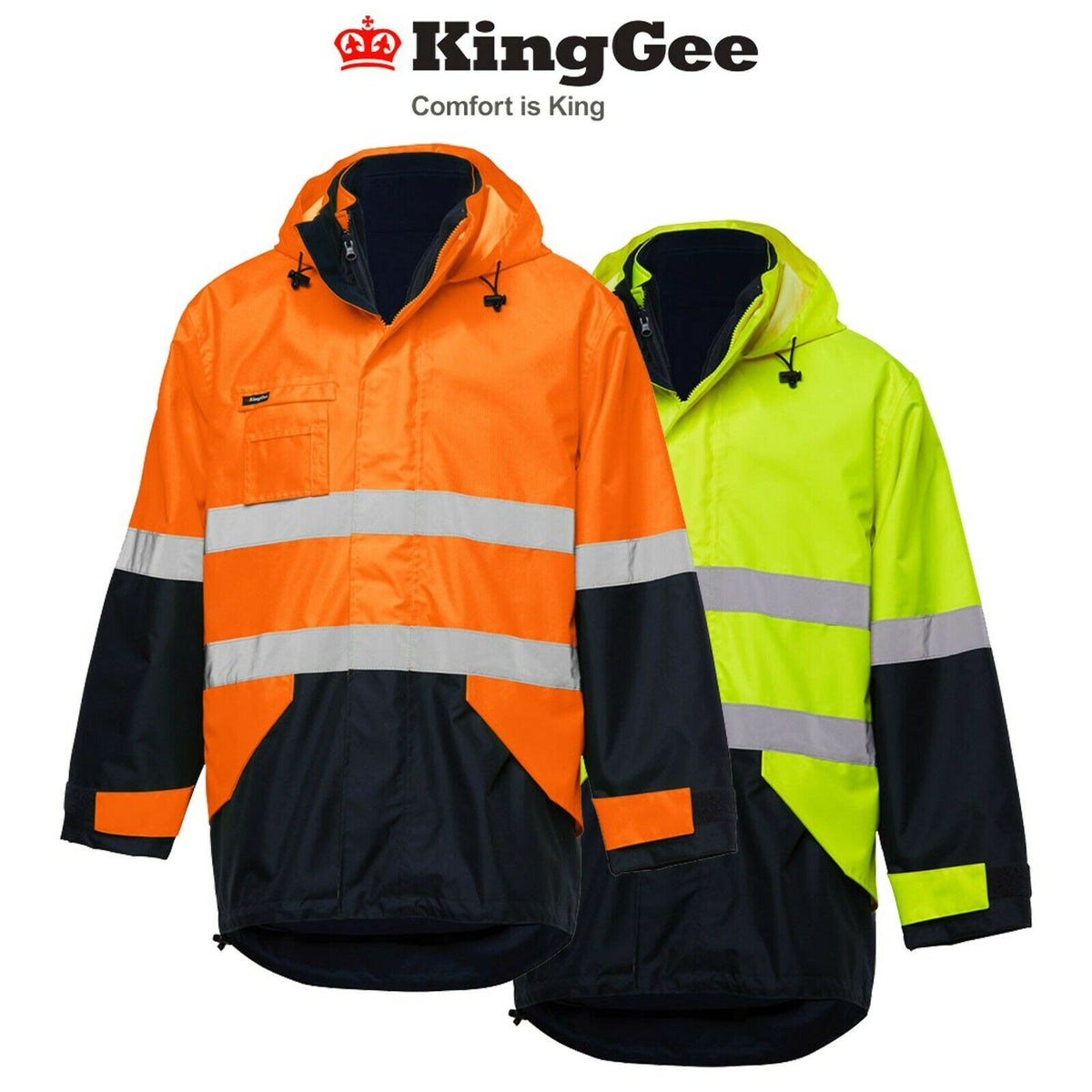 KingGee 4 in 1 Waterproof Jacket Fleece Insulated Hood Safety Hi-Vis K55300